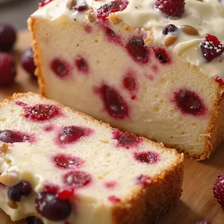 Sliced Cranberry-Pecan Cream Cheese Bread with nuts and cranberries