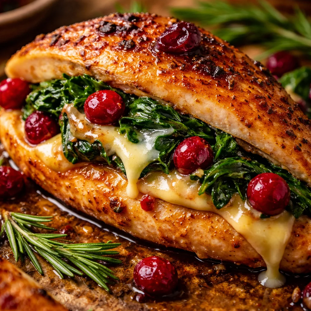 Cranberry and Spinach Stuffed Chicken with Brie, a delicious gourmet dish