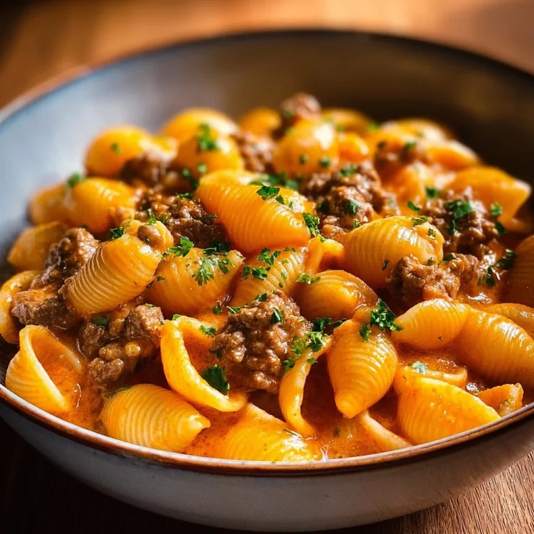 Creamy beef and shells dish served in a bowl with herbs