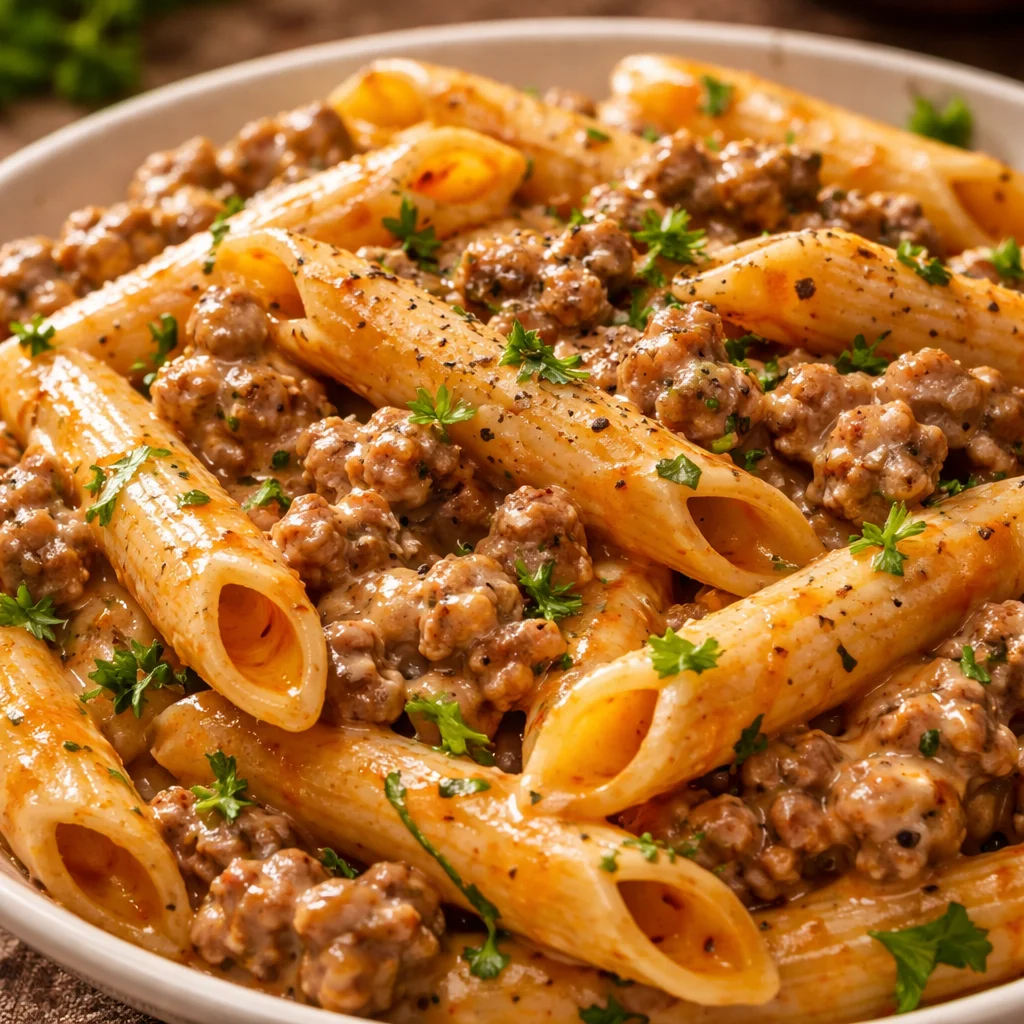 Delicious creamy beef pasta dish served in a bowl with herbs
