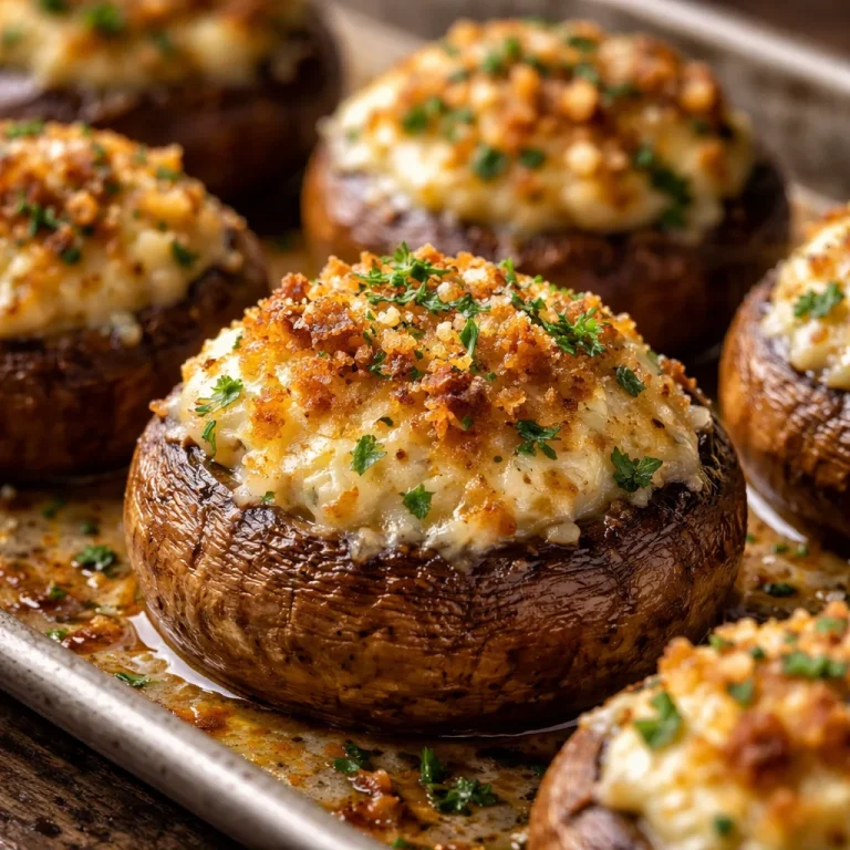 Creamy garlic herb cheese filled roasted mushrooms on a platter