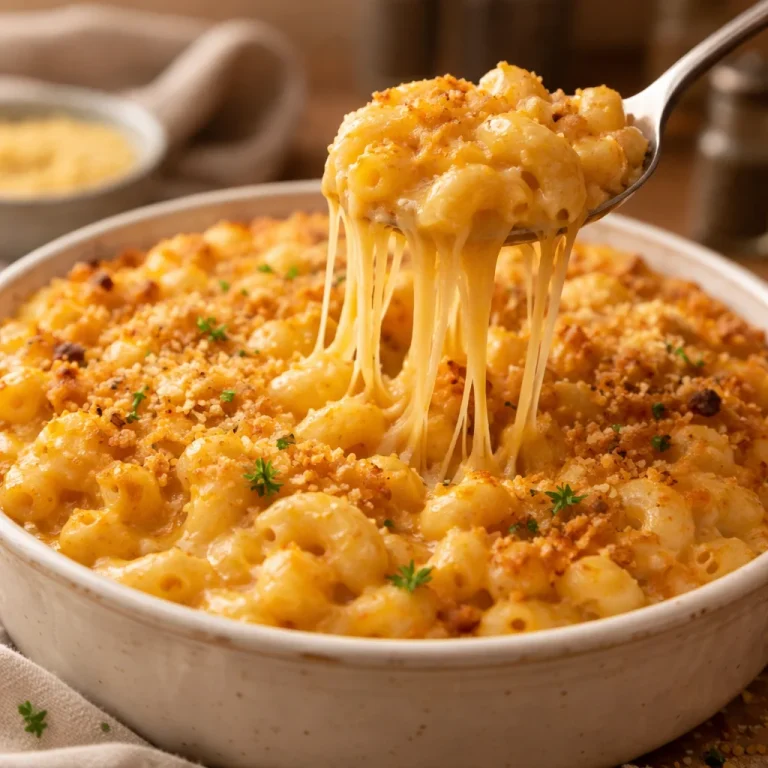 Creamy mac and cheese delight served in a bowl with cheese topping