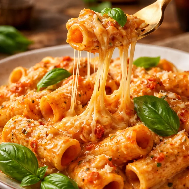 Creamy tomato garlic pasta dish with herbs and parmesan
