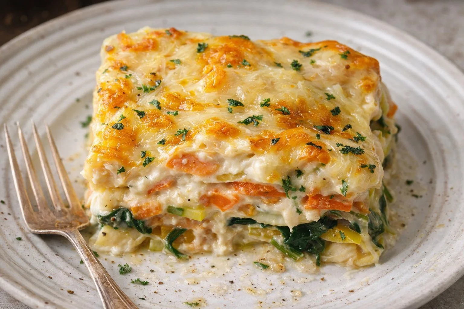 Creamy vegetable lasagna with Alfredo sauce, a delicious vegetarian dish.