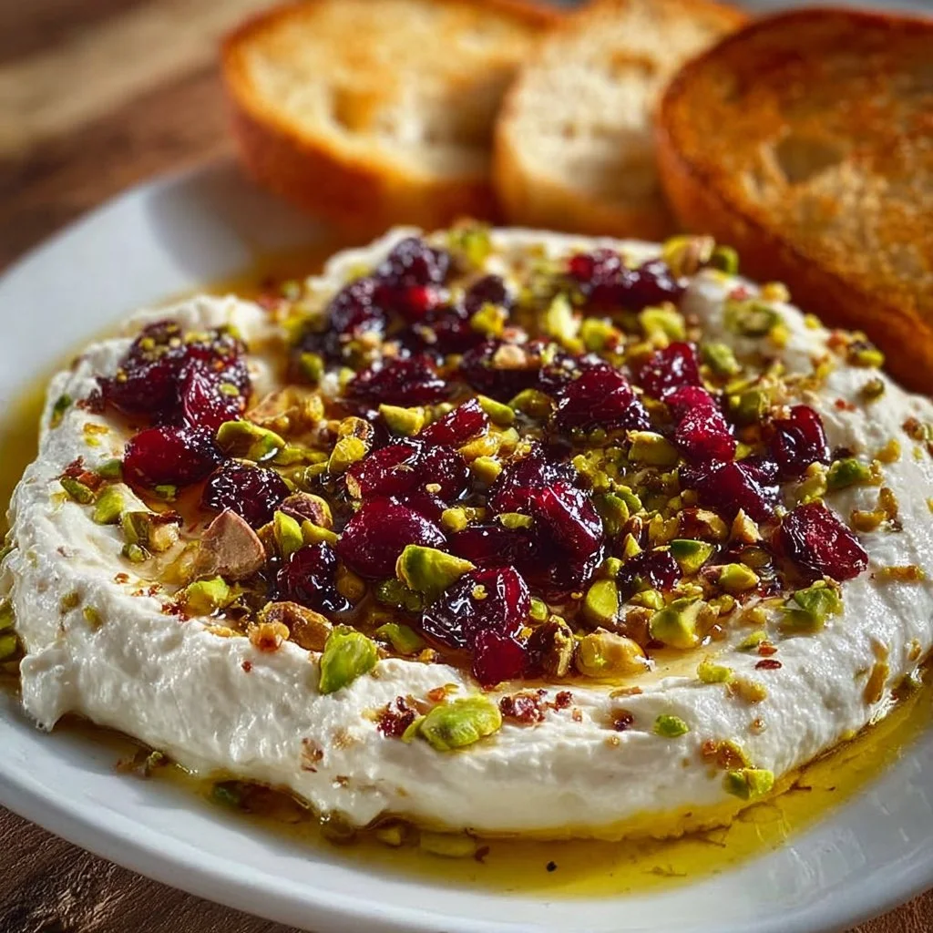 Creamy whipped feta dip with honey pistachios and cranberries in a bowl