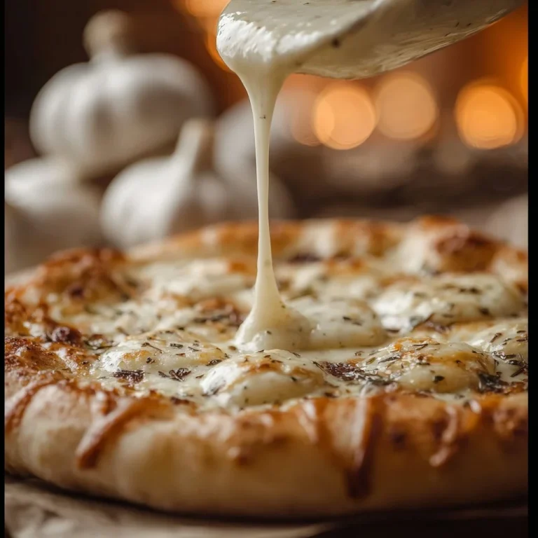 Creamy white garlic pizza sauce in a bowl, perfect for pizza lovers