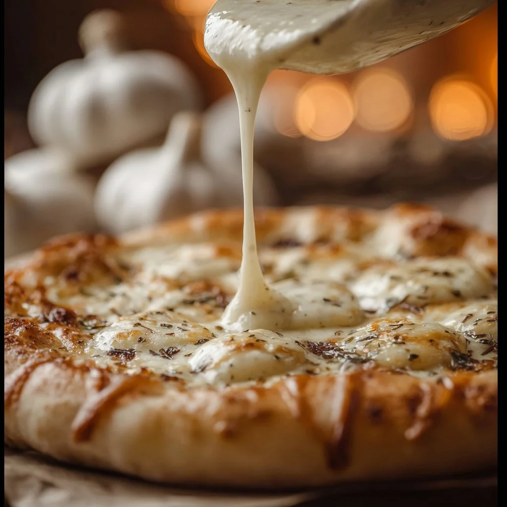 Creamy white garlic pizza sauce in a bowl, perfect for pizza lovers