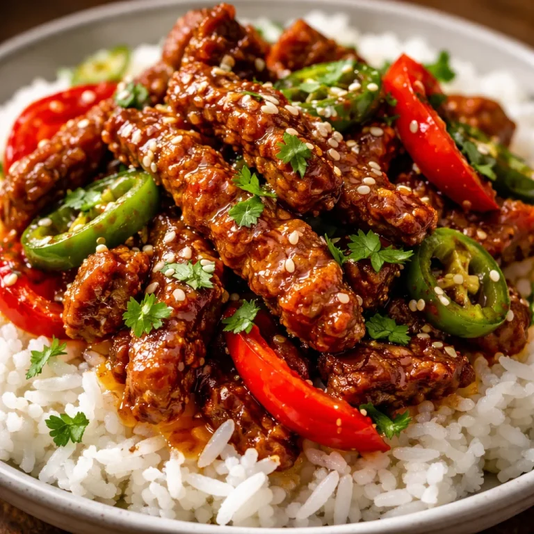 Bowl of Crispy Chilli Beef Rice garnished with vegetables