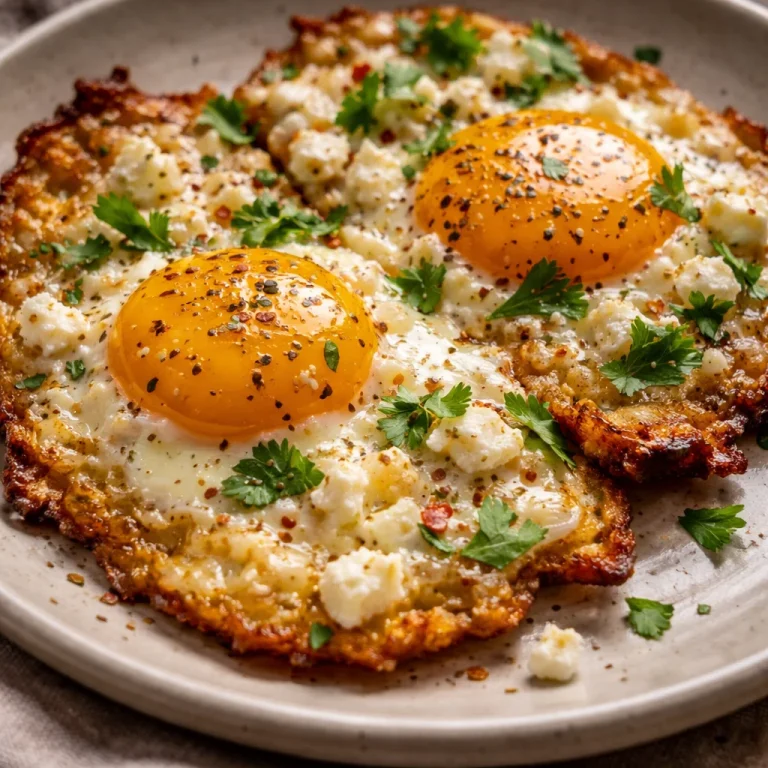 Plate of crispy feta fried eggs garnished with herbs