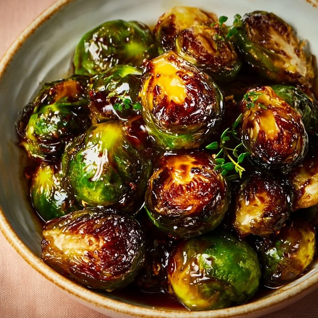 Plate of Crispy Honey Balsamic Brussels Sprouts garnished with herbs