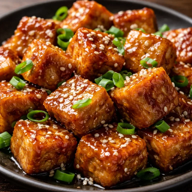 Crispy honey-garlic tofu served on a plate with vegetables