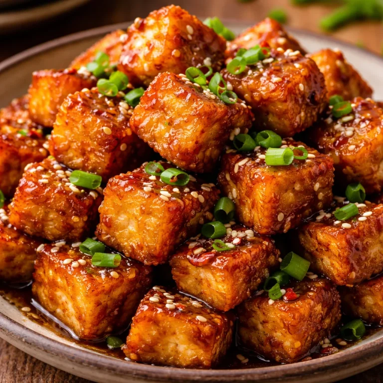 Crispy honey garlic tofu garnished with sesame seeds and green onions