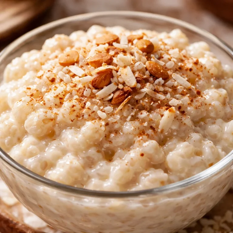 Dairy-free coconut rice pudding in a bowl topped with coconut flakes
