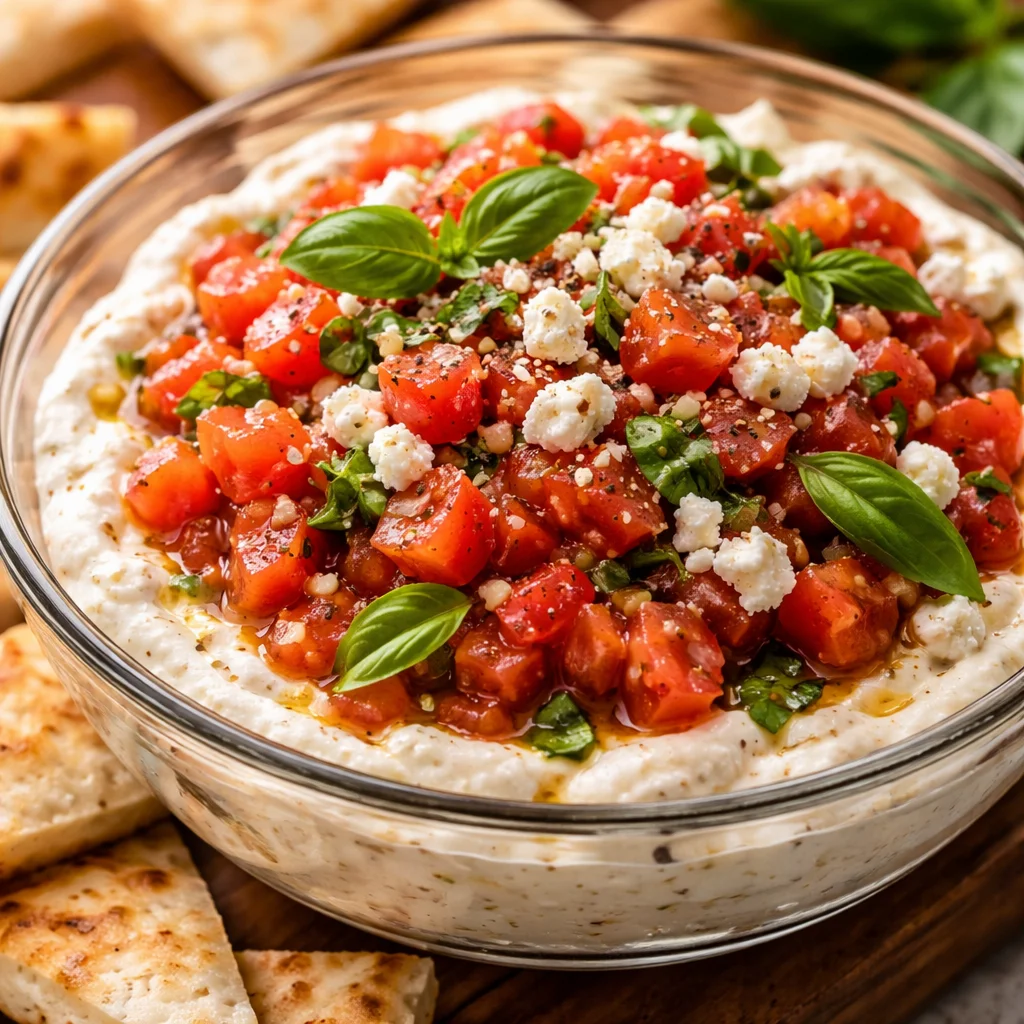 Delicious bruschetta dip topped with fresh tomatoes and basil served in a bowl.