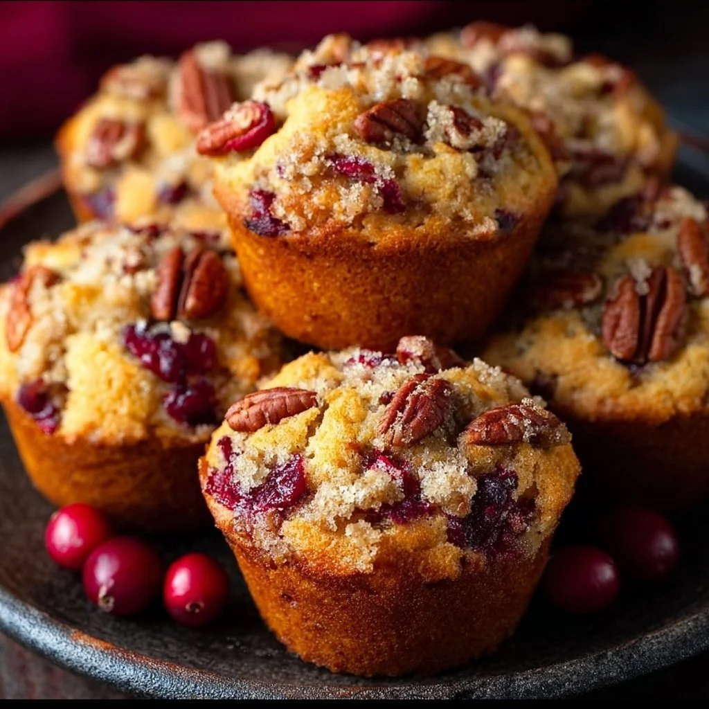 Freshly baked cranberry, orange, and pecan muffins on a wooden table
