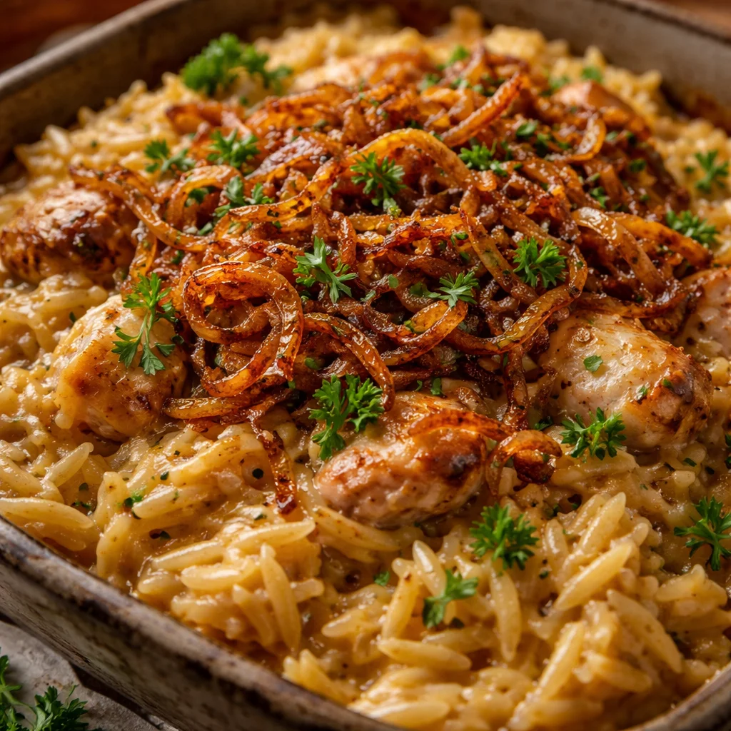Delicious French Onion Chicken Orzo Casserole served in a baking dish