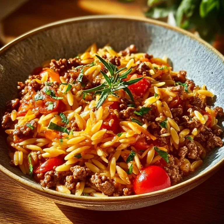 Delicious ground beef orzo served in a bowl with herbs and spices.