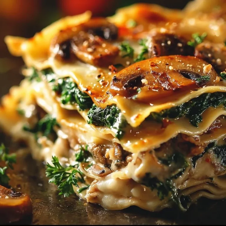 Delicious mushroom and spinach lasagna with cheese and herbs