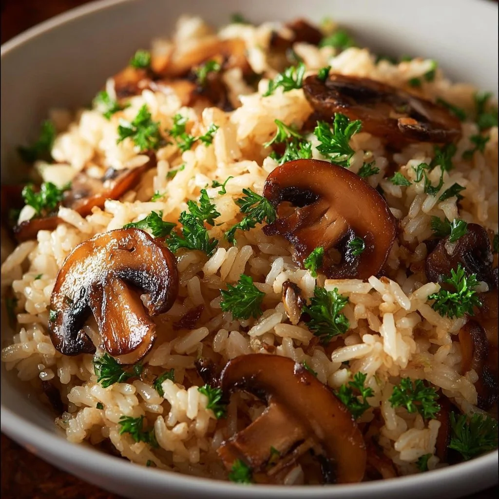 Bowl of delicious mushroom rice garnished with fresh herbs