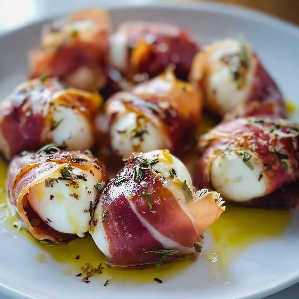 Delicious prosciutto wrapped mozzarella bites on a serving platter