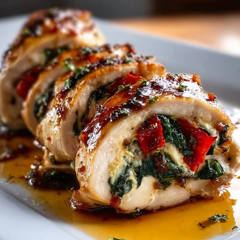 Delicious roasted red pepper, spinach, and mozzarella stuffed chicken dish