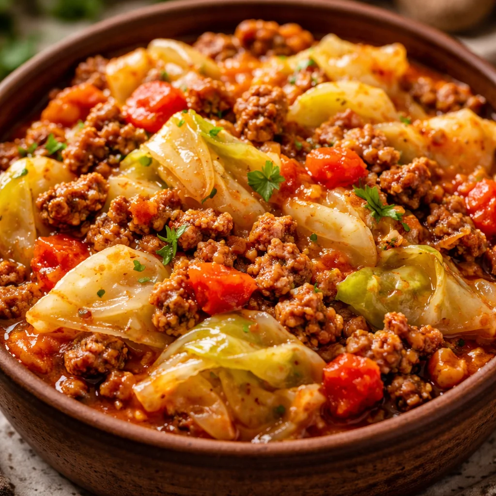 Delicious slow cooker unstuffed cabbage rolls ready to serve