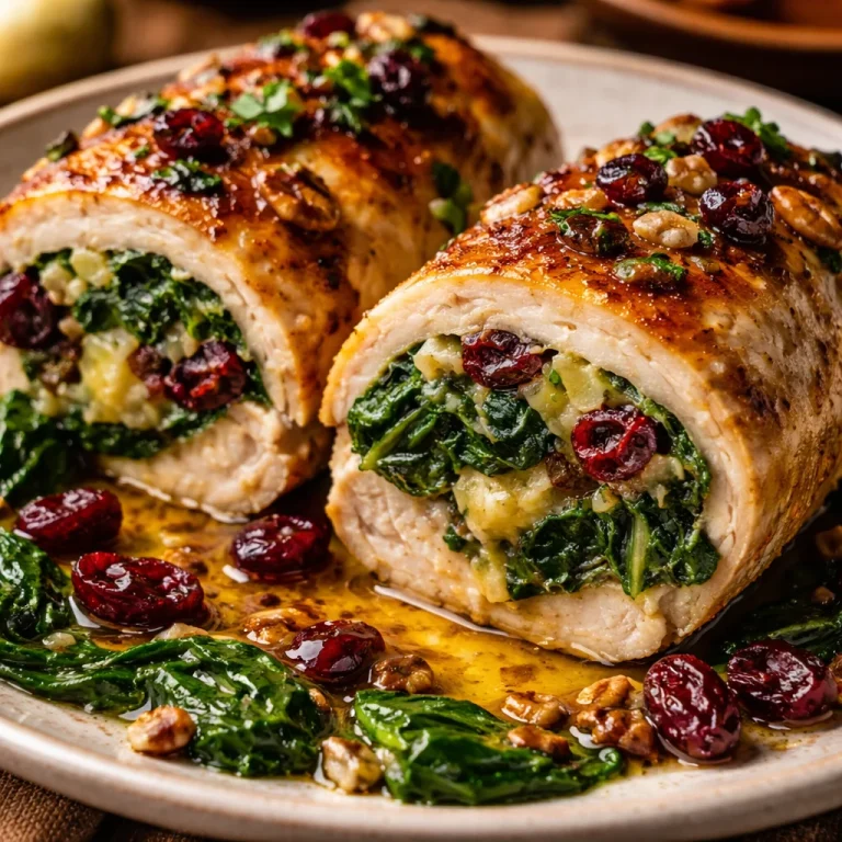 Spinach and cranberry stuffed chicken breasts served on a plate