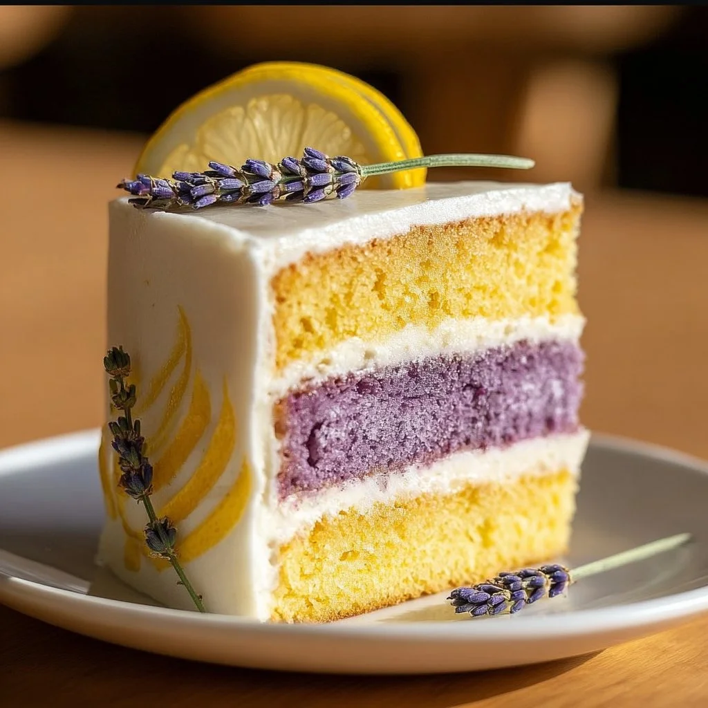 Slice of dreamy lemon lavender cake decorated with fresh lavender flowers