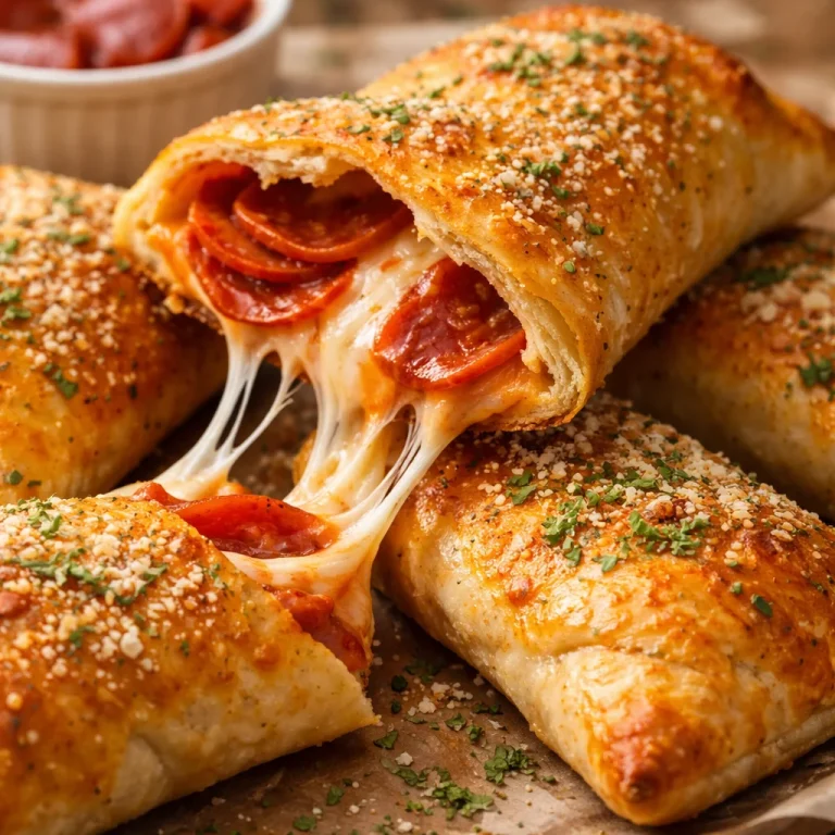 Homemade pizza pockets filled with cheese and toppings on a wooden table