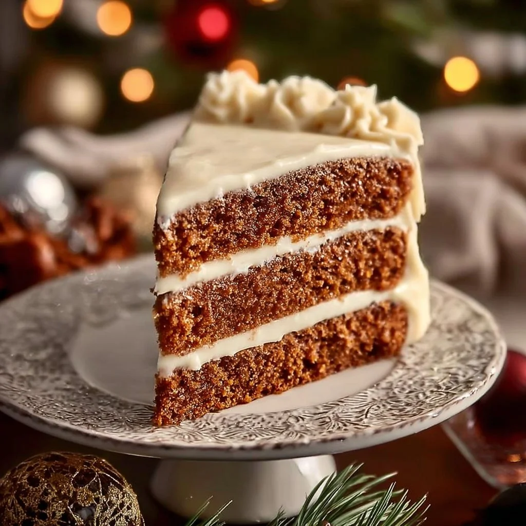 A delectable slice of Christmas Gingerbread Cake topped with festive decorations.