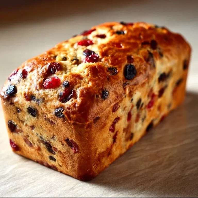 A loaf of easy fruit bread studded with colorful dried fruits and nuts.