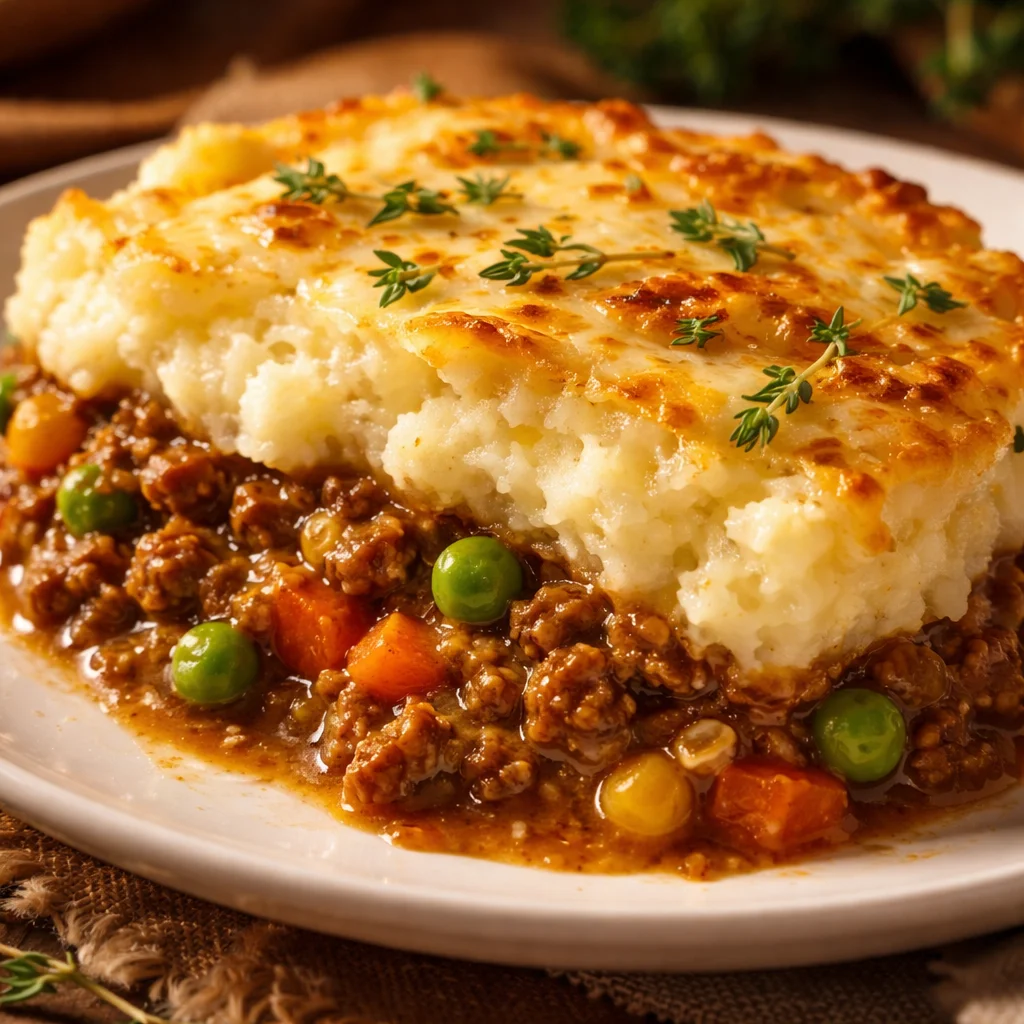 Delicious easy Shepherd's Pie casserole topped with golden mashed potatoes.