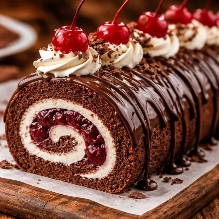 Elegant Black Forest Cake Roll with chocolate layers and cherries