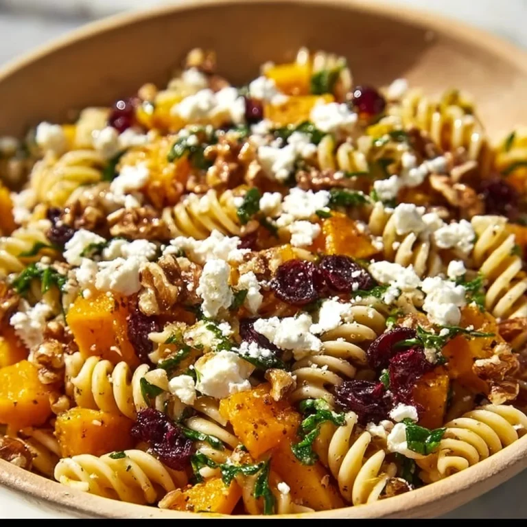 Delicious Fall Harvest Pasta Salad with seasonal vegetables and dressing.