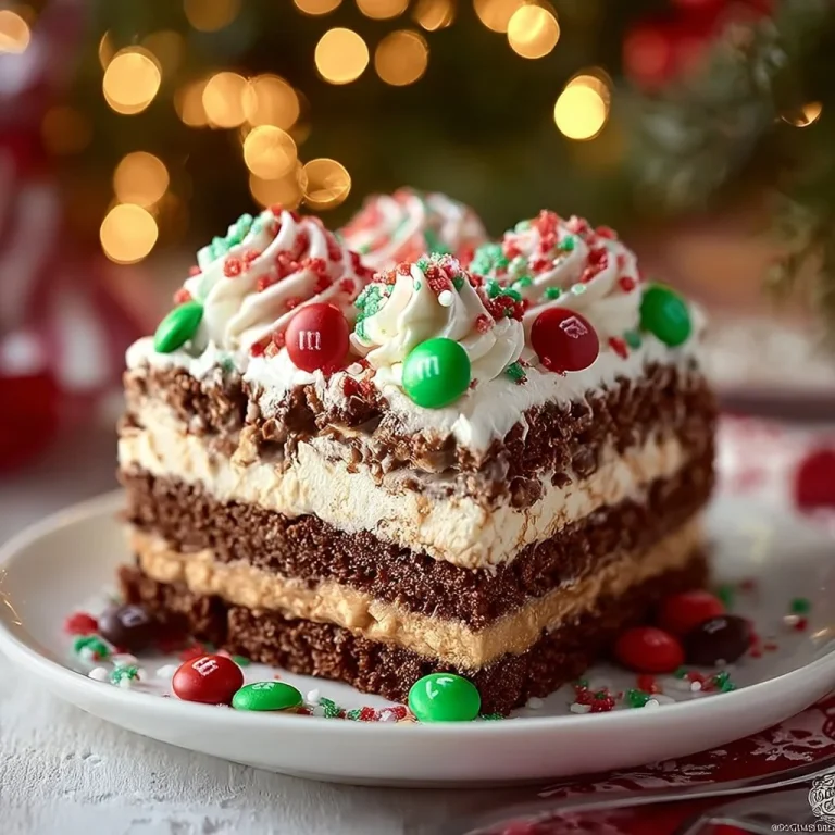 Festive Christmas Dessert Lasagna served on a holiday table with decorations