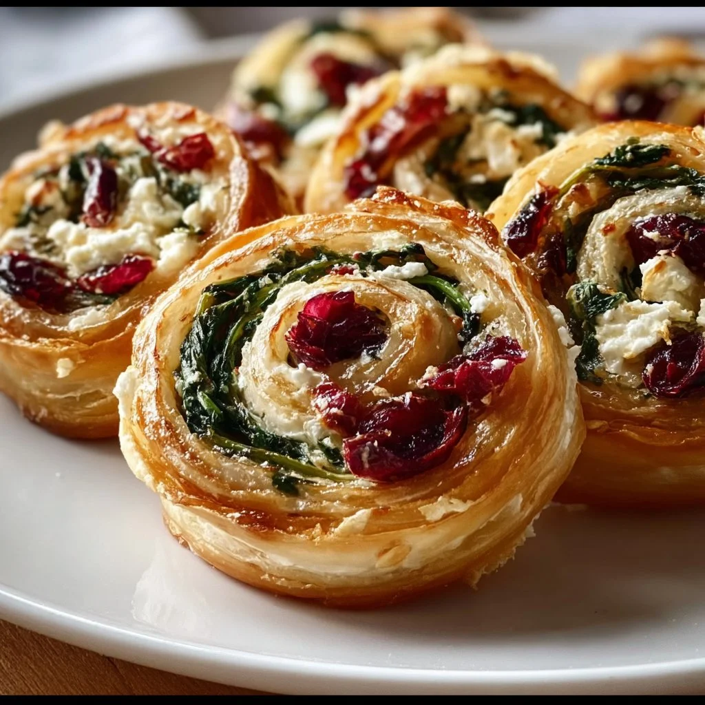 Festive cranberry feta pinwheels on a serving platter