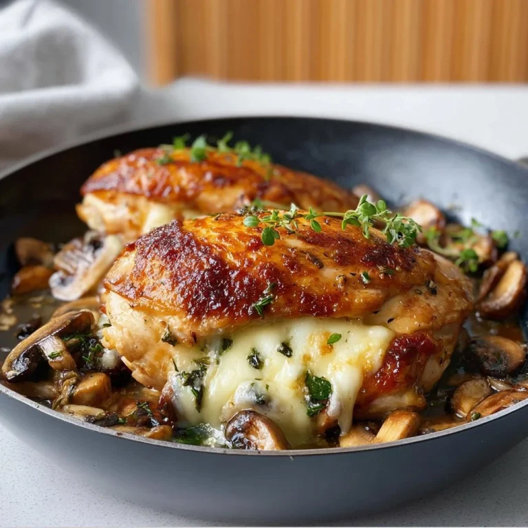 Flavorful mushroom stuffed chicken breast dish on a plate with herbs