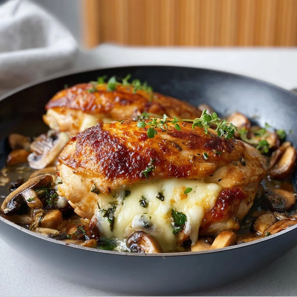 Flavorful mushroom stuffed chicken breast dish on a plate with herbs