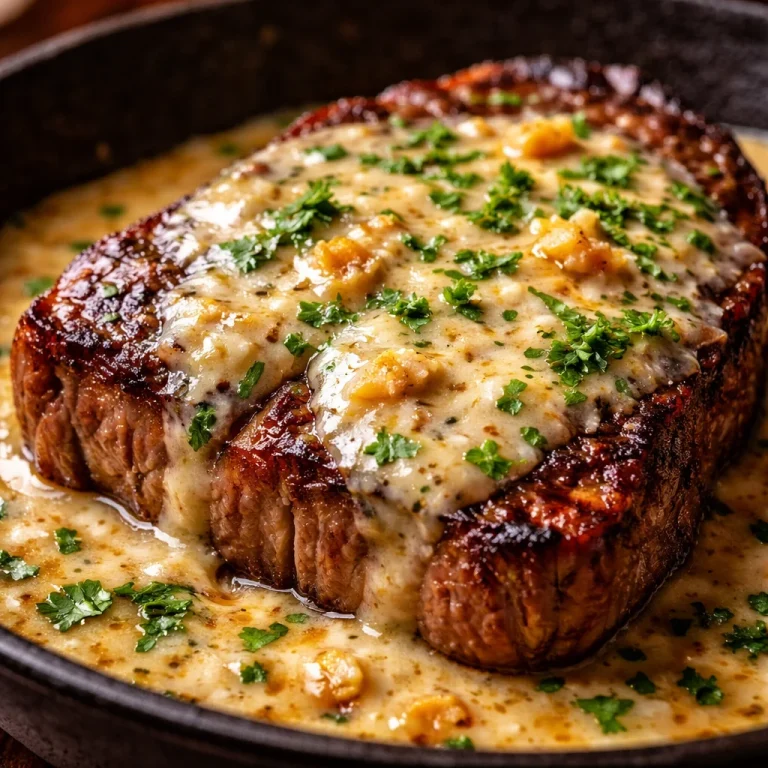 Delicious Garlic Butter Steak topped with creamy Parmesan sauce on a plate