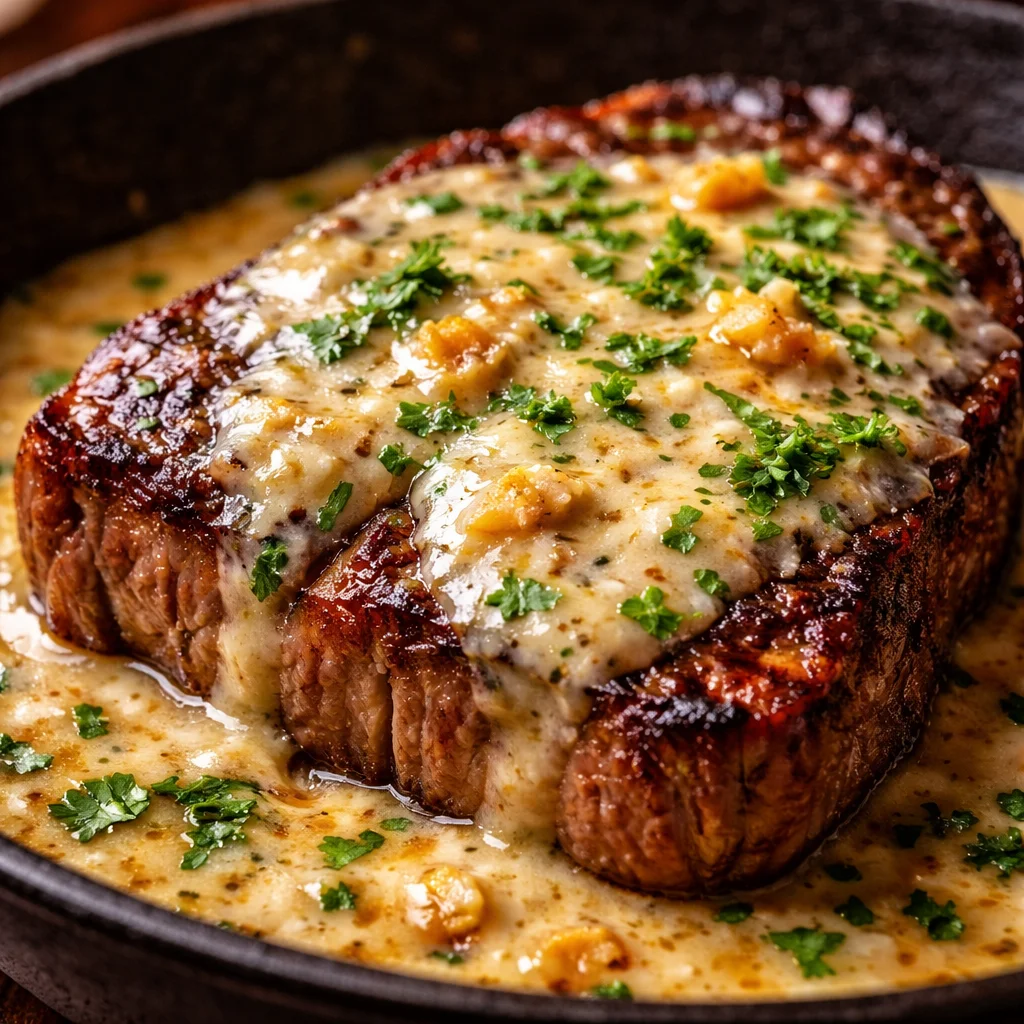 Delicious Garlic Butter Steak topped with creamy Parmesan sauce on a plate