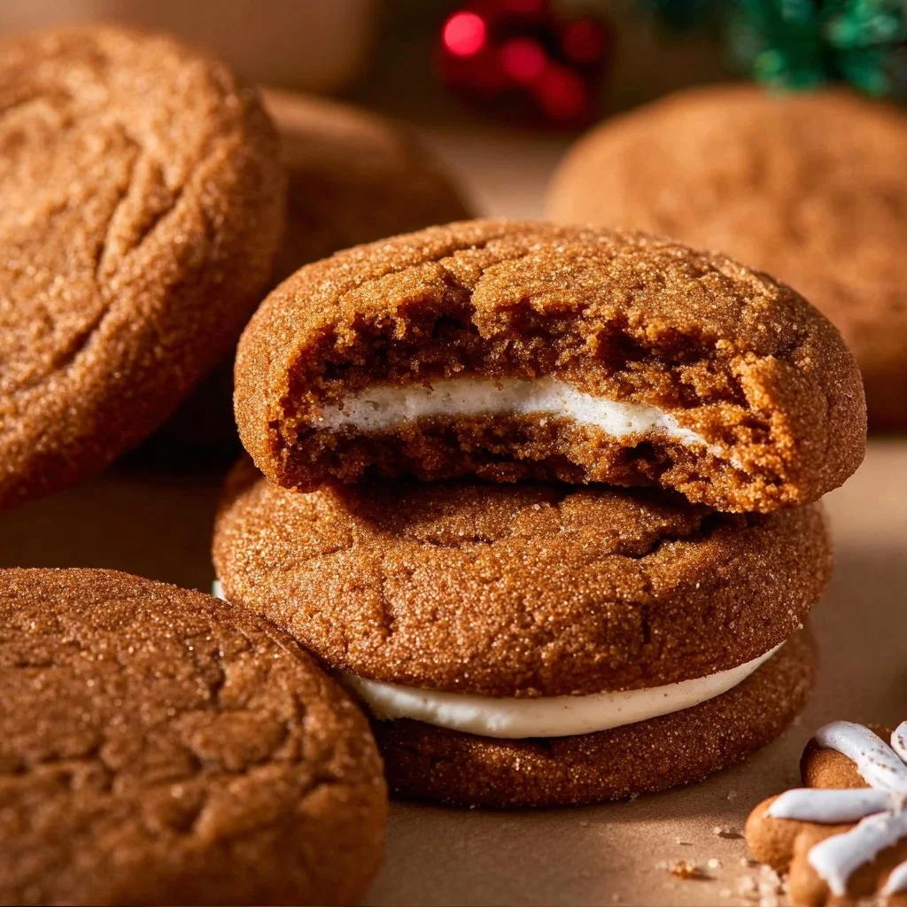 Delicious Gingerbread Cheesecake Cookies stacked on a plate.