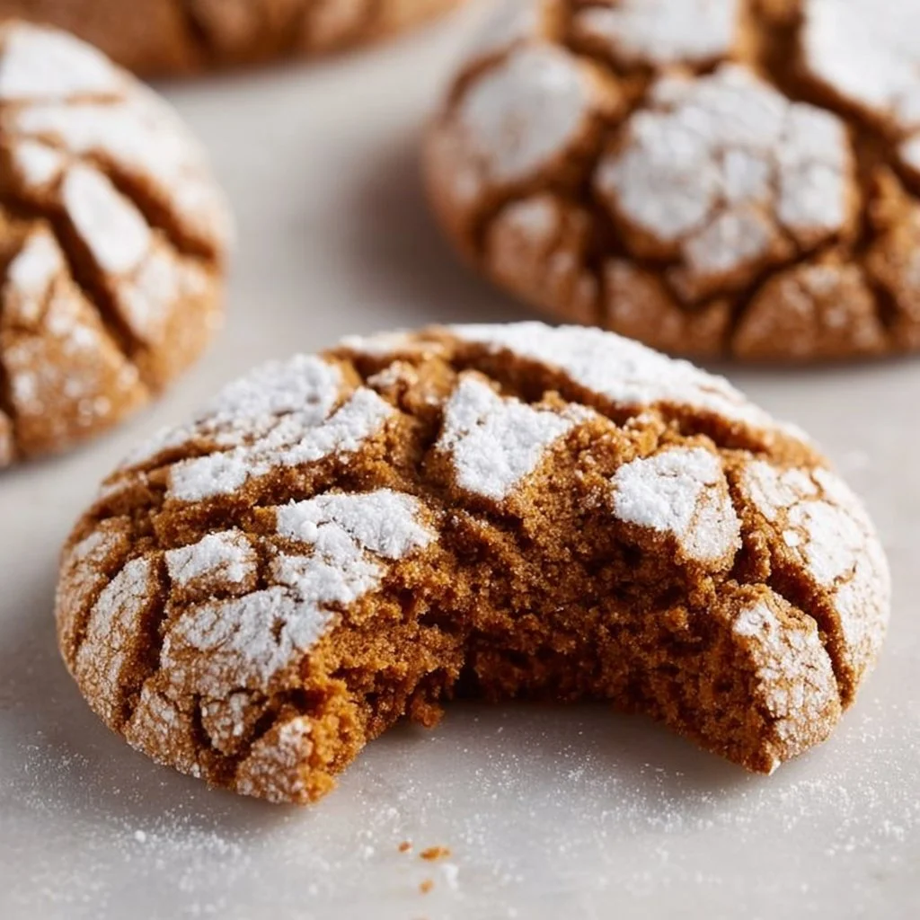 A platter of freshly baked Gingerbread Crinkle Cookies with powdered sugar topping.
