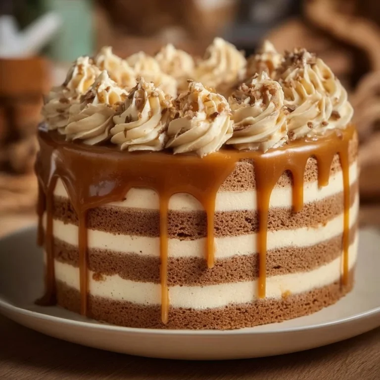 Gooey Coffee Caramel Cake topped with caramel drizzle and coffee beans