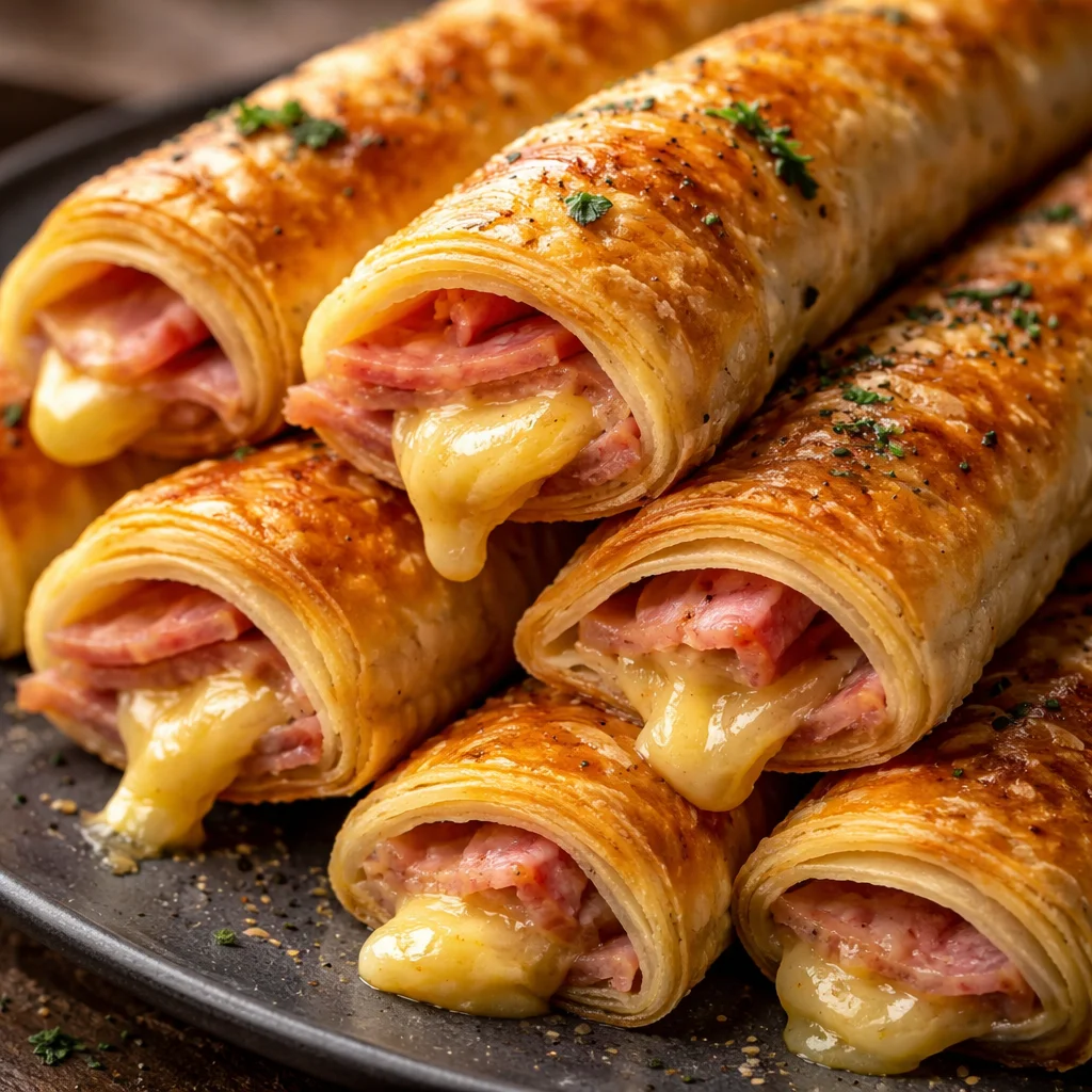 Delicious Ham and Cheese Puff Pastry Sticks on a wooden board