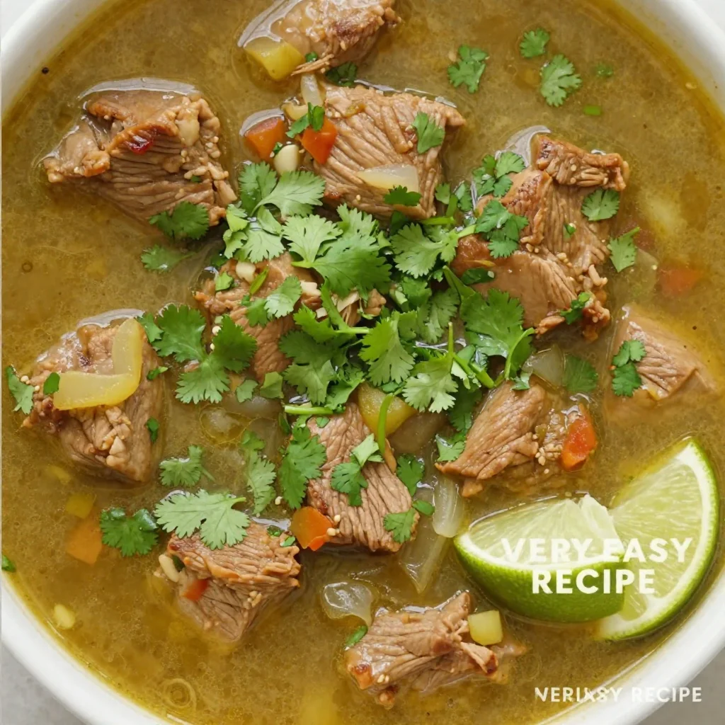 Delicious bowl of Hatch green chili stew filled with spices and green chilies.