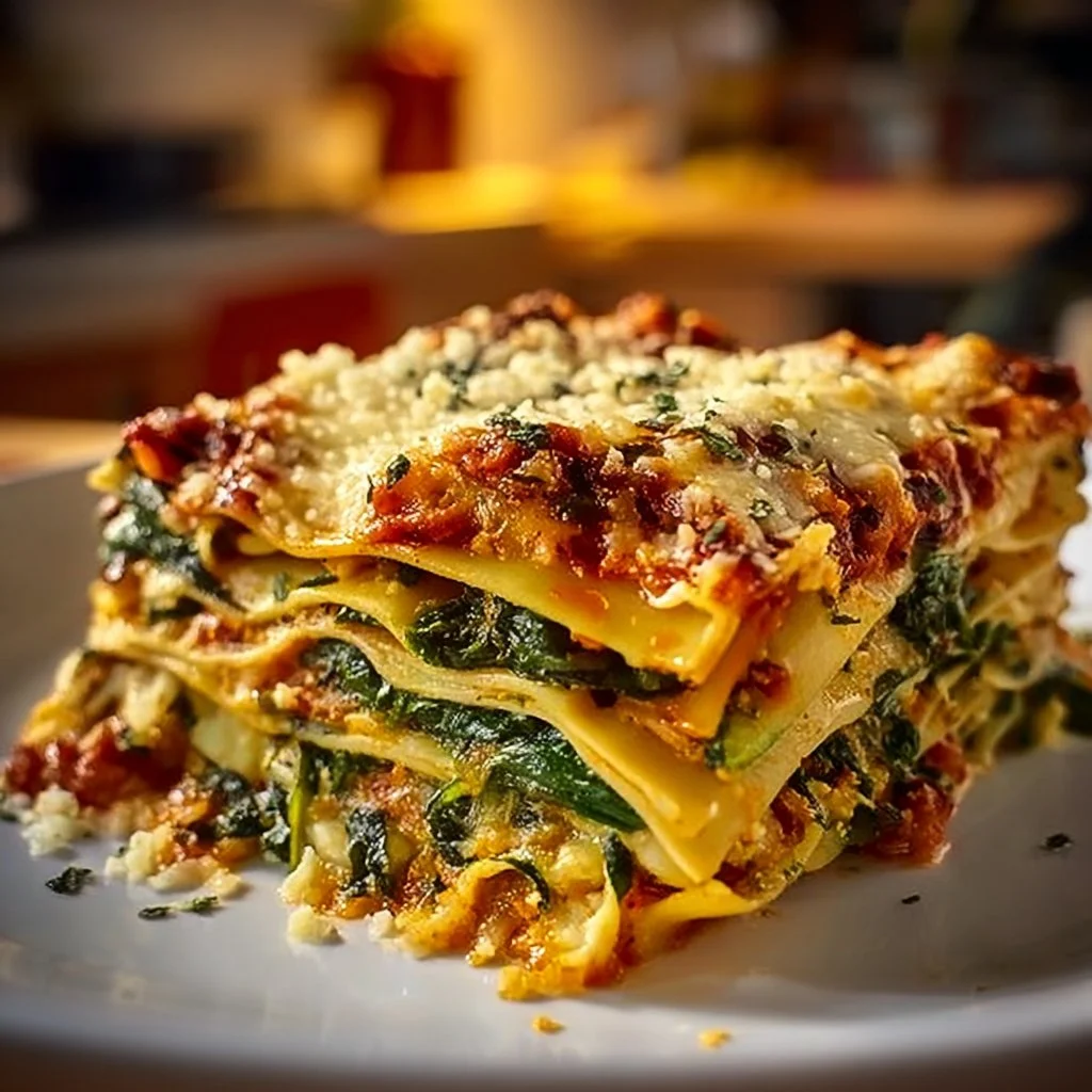 Hearty baked Italian vegetable lasagna with layers of fresh vegetables and cheese
