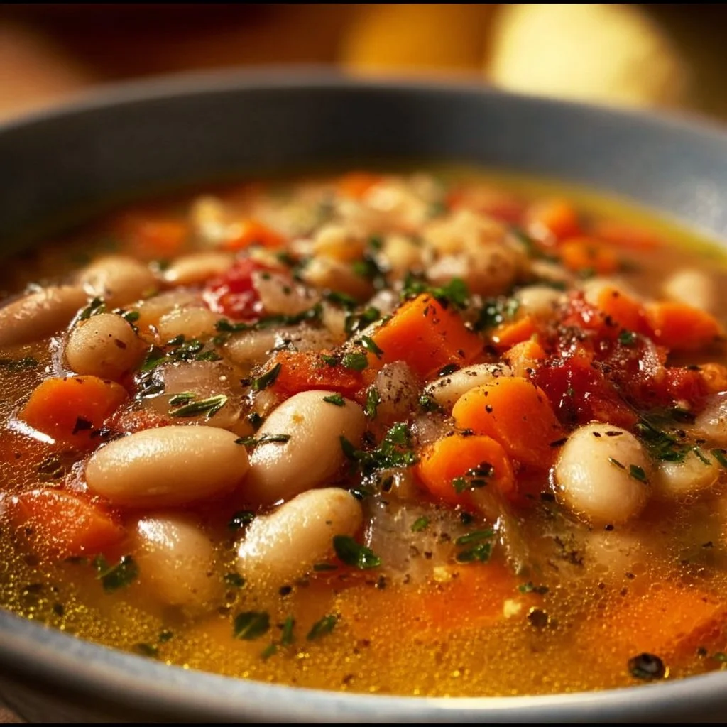 A bowl of hearty Tuscan White Bean Soup garnished with fresh herbs.