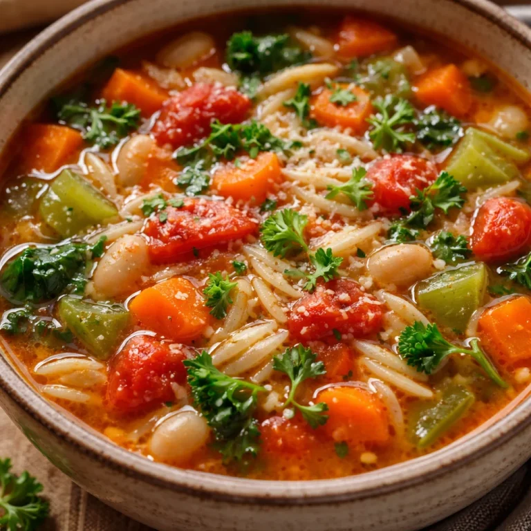 A bowl of hearty vegetable orzo soup garnished with fresh herbs and vegetables