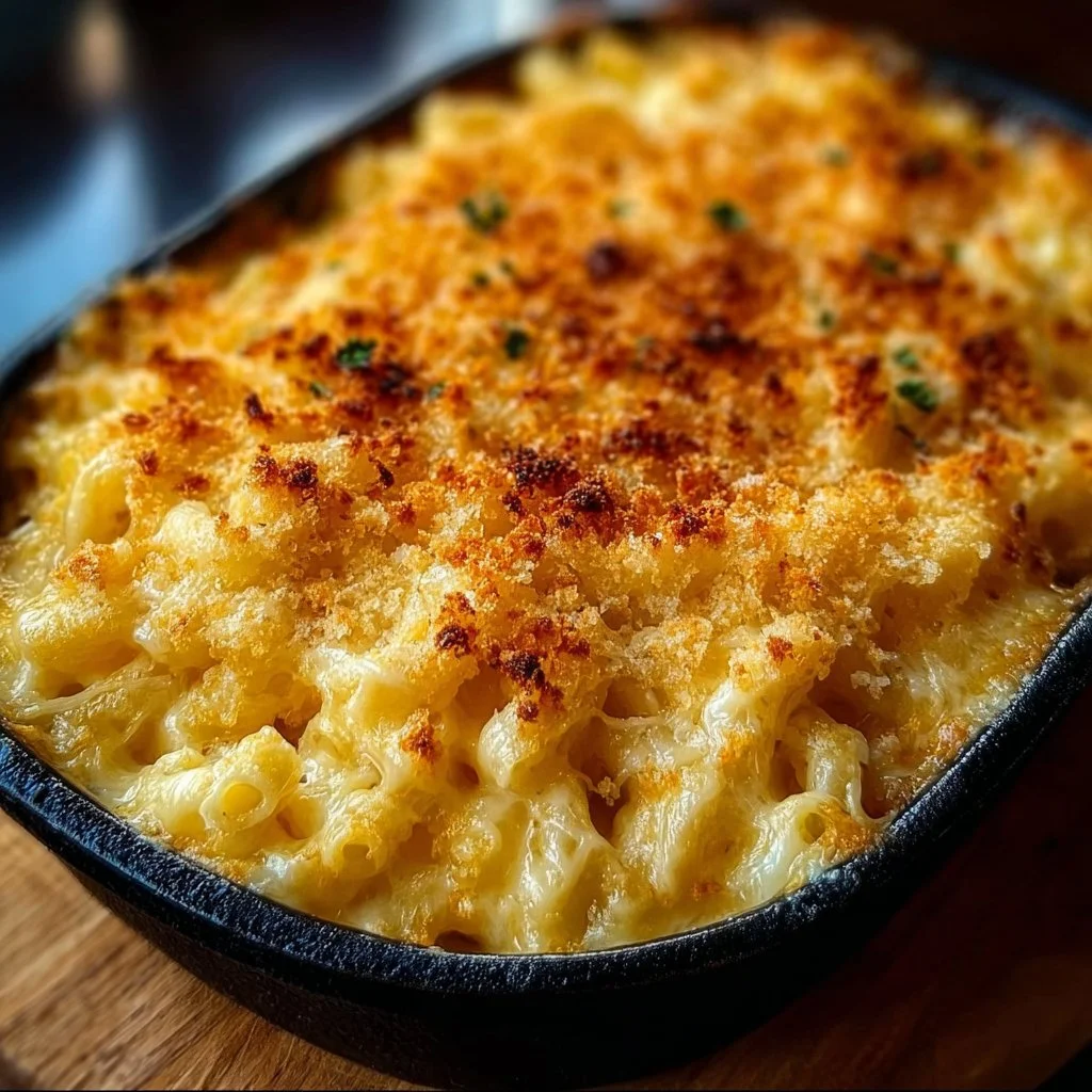 Delicious homemade baked mac and cheese served in a creamy cheese sauce.