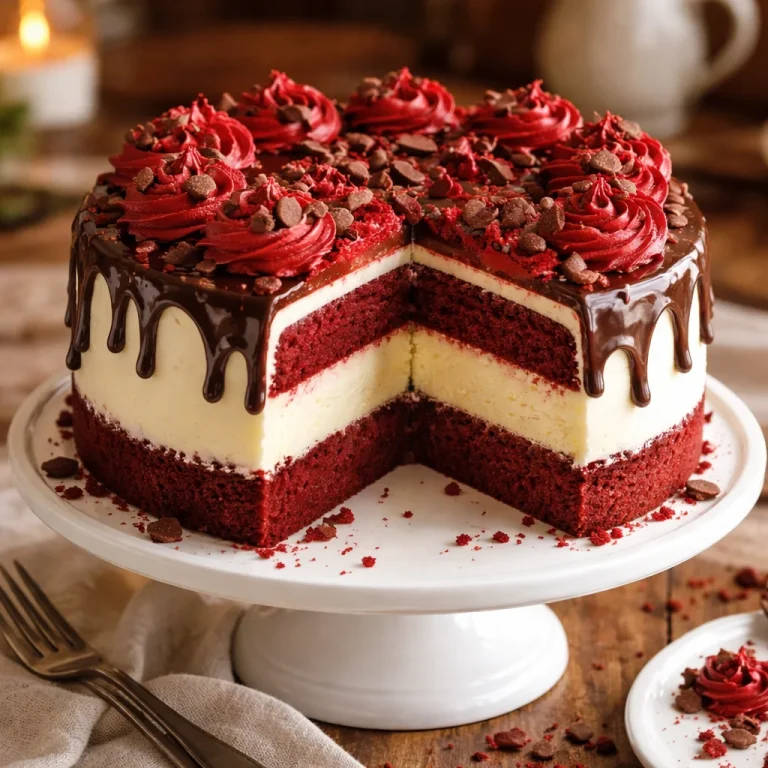 Slice of red velvet cheesecake layer cake on a plate with cream cheese frosting